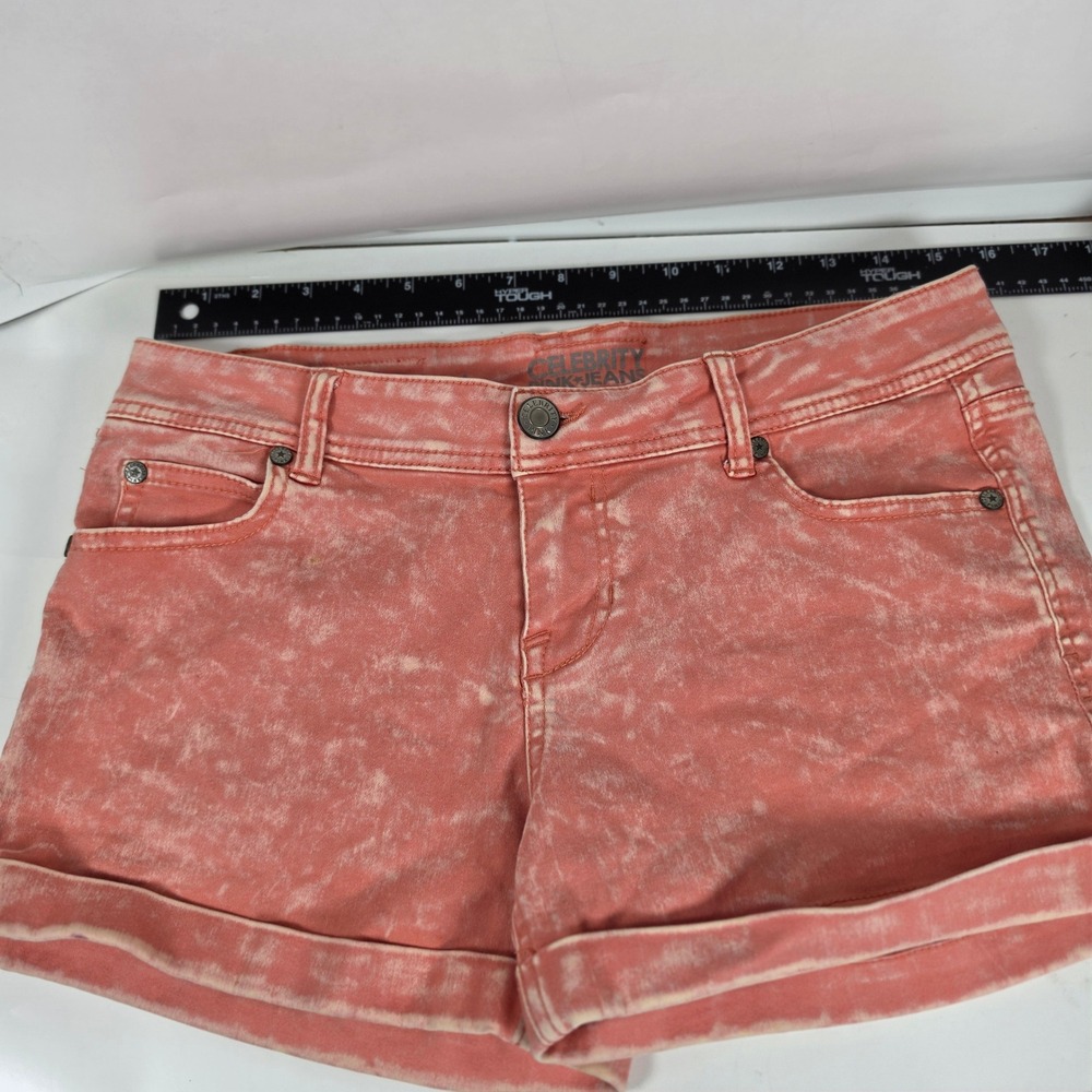 Celebrity Pink Denim Shorts Women's Sz 9 Coral Pink Tie Dye Acid Wash Roll Cuff